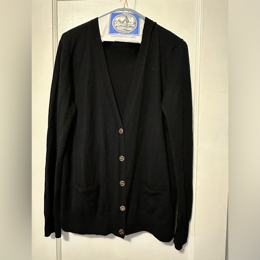 Tory Burch Black v-neck Cardigan size XL with branded gold buttons